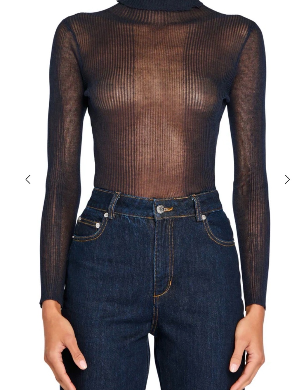 SER.O.YA Sheer Ribbed Long-Sleeve Top - navy